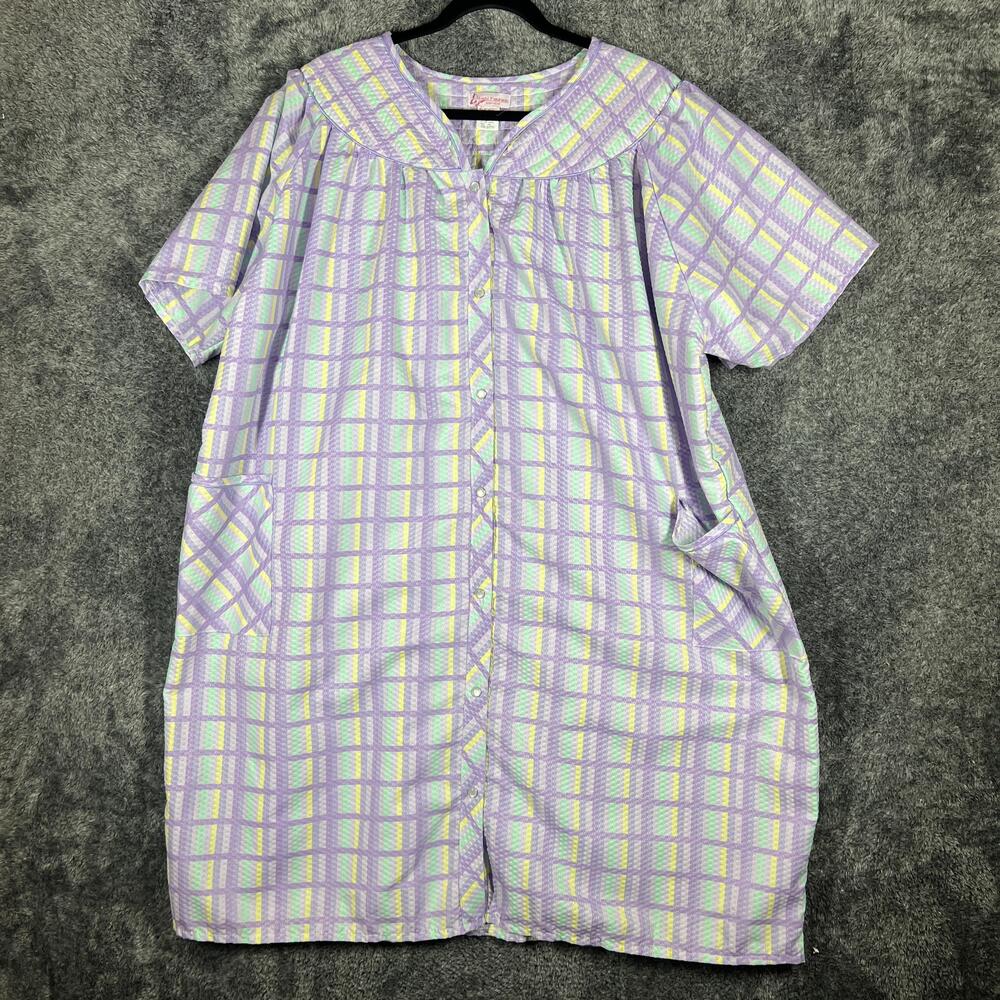 Lati Fashion Sleepshirt Womens XXL Purple Plaid Kaftan Button Round Neck